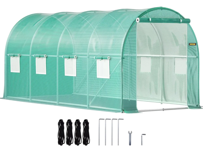 VEVOR Walk-in Tunnel Greenhouse, 15 x 7 x 7 ft Portable Plant Hot House with Galvanized Steel Hoops, 1 Top Beam, Diagonal Poles, Zippered Door & 8 Roll-up Windows, Green