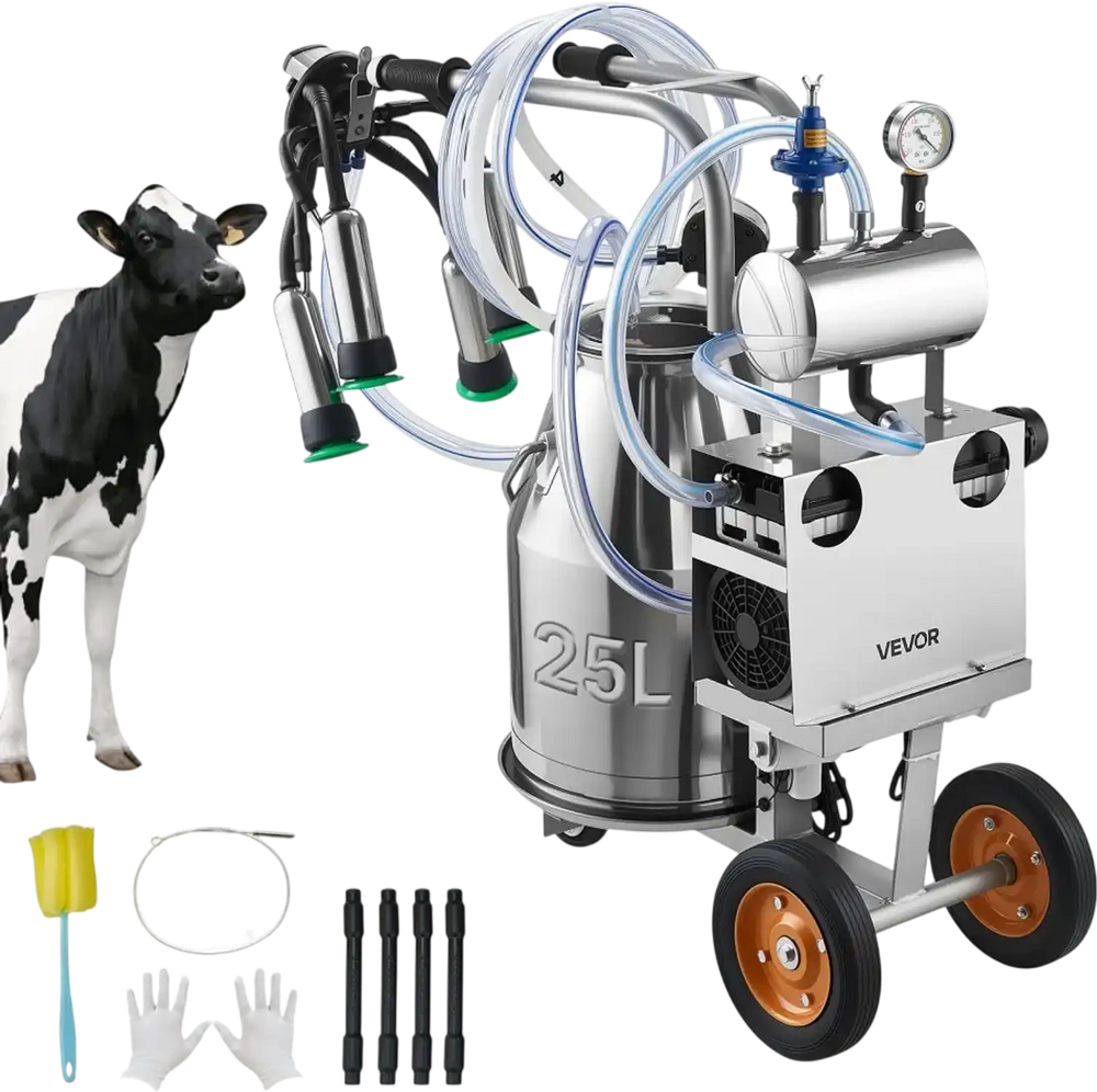 VEVOR Electric Cow Milking Machine, 6.6 Gal / 25 L 304 Stainless Steel Bucket, Food-Grade Teat Cups and Silicone Hose, Strong Suction, Vacuum Pulsation, Electric Milker Machine with Wheels for Cow