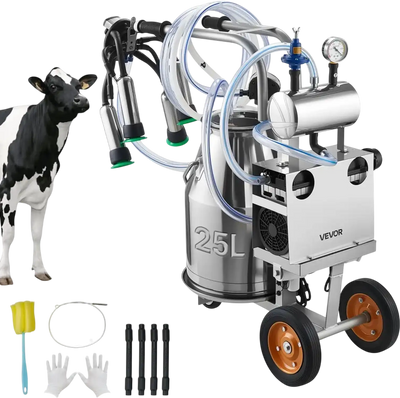 VEVOR Electric Cow Milking Machine, 6.6 Gal / 25 L 304 Stainless Steel Bucket, Food-Grade Teat Cups and Silicone Hose, Strong Suction, Vacuum Pulsation, Electric Milker Machine with Wheels for Cow