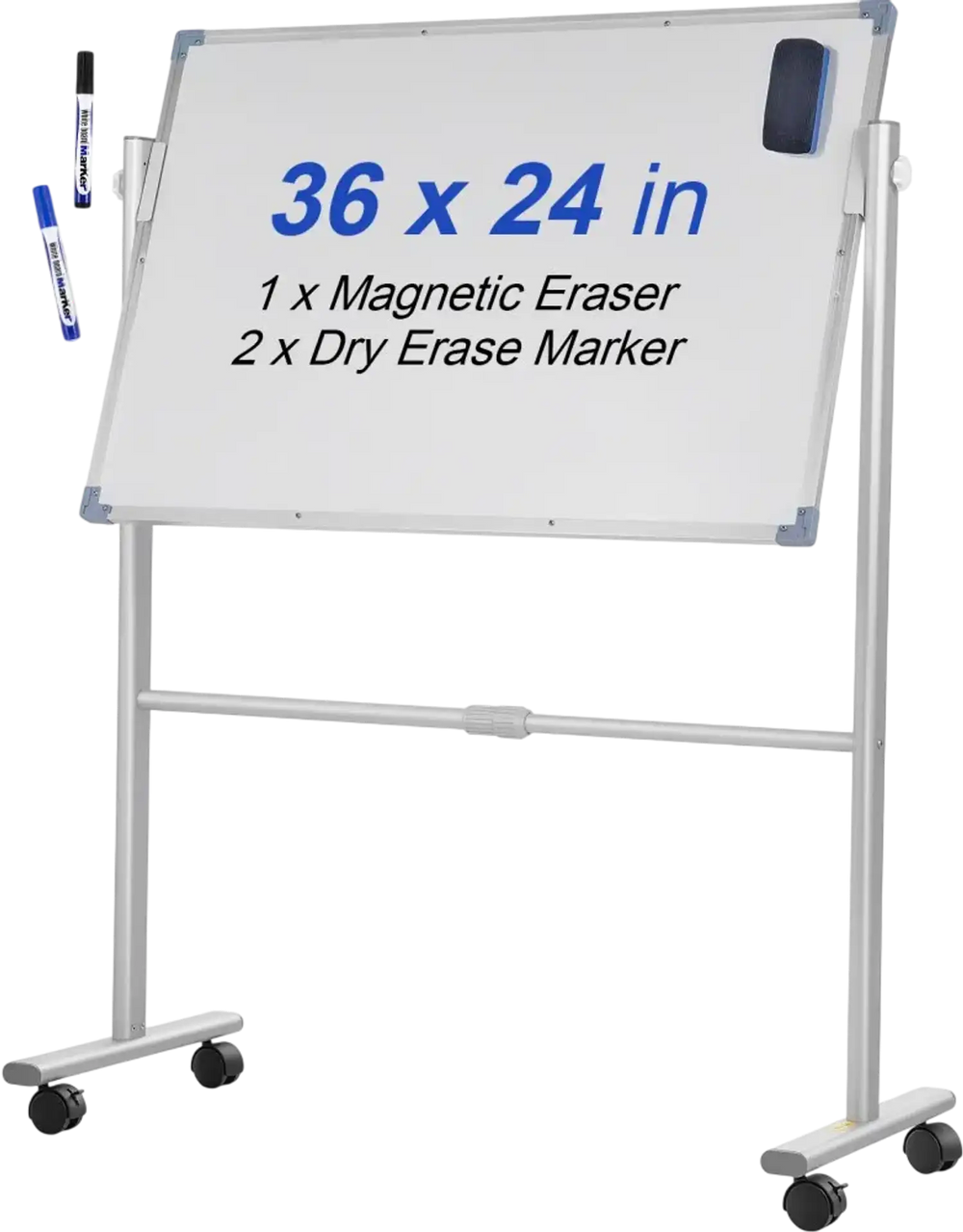 VEVOR Mobile Magnetic Whiteboard, 36 x 24 Inch, Double Sided, 360 Degree Reversible Rolling Dry Erase Board, Height Adjustable with Aluminum Frame and Lockable Swivel Wheels, for Office School Home