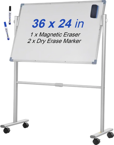VEVOR Mobile Magnetic Whiteboard, 36 x 24 Inch, Double Sided, 360 Degree Reversible Rolling Dry Erase Board, Height Adjustable with Aluminum Frame and Lockable Swivel Wheels, for Office School Home