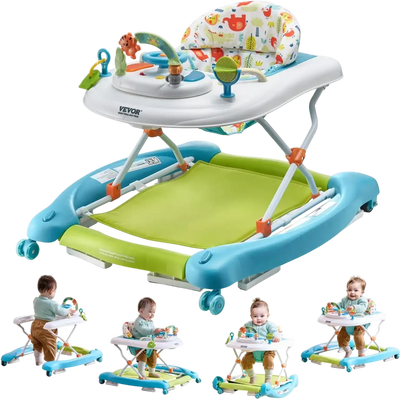 VEVOR 4-in-1 Baby Walker, Foldable Baby Activity Center on Wheels, 3 Adjustable Height, Music & Toys Tray, Learning-Seated | Walk-Behind | Rocker | Bouncer Toddler Walker for Girls Boys 6-24 Months