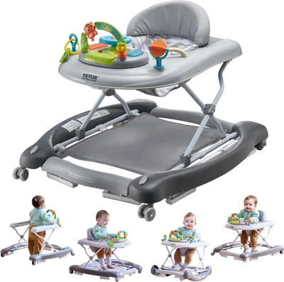 VEVOR 4-in-1 Baby Walker, Foldable Baby Activity Center on Wheels, 3 Adjustable Height, Music & Toys Tray, Learning-Seated | Walk-Behind | Rocker | Bouncer Toddler Walker for Girls Boys  6-24 Months