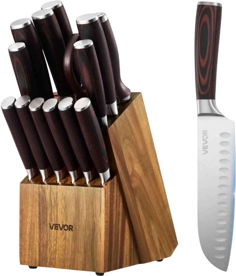 VEVOR Kitchen Knife Set with Block and Sharpener, 15 Piece High Carbon Stainless Steel Knife Set, Rust-Resistant Kitchen Cutlery with Ergonomic Handle, Sharpening Rod & Premium Wooden Block, for Home