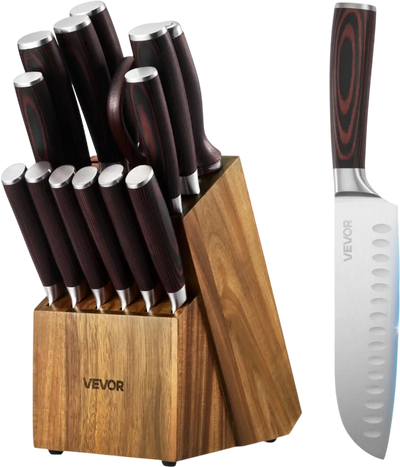 Vevor Knife Set 15-Piece High Carbon Stainless Steel with Block and Sharpener New