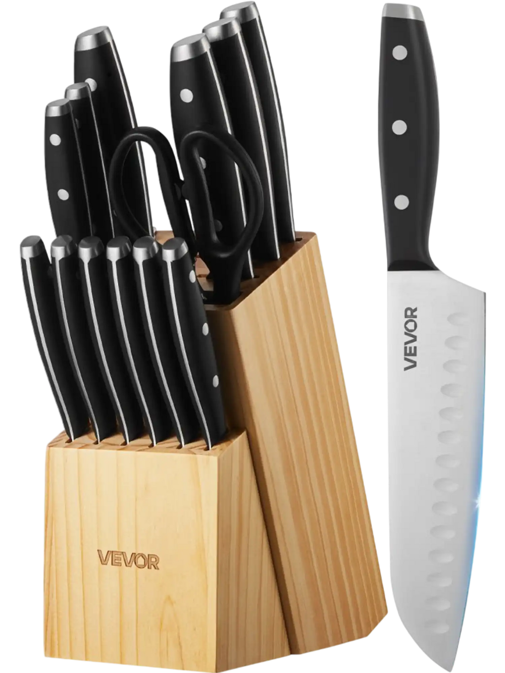 VEVOR Kitchen Knife Set with Block and Sharpener, 15 Piece High Carbon Stainless Steel Sharp Knife Set, Kitchen Cutlery with Ergonomic Handle, Sharpening Rod and Premium Wooden Block, for Home Cooks