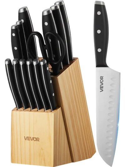 Vevor Knife Set 15-Piece Kitchen Cutlery with Block and Sharpener New