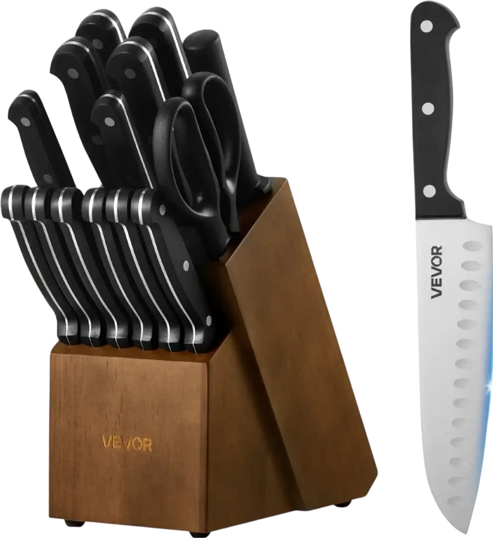 VEVOR Kitchen Knife Set with Block and Sharpener, 15 Piece German High Carbon Stainless Steel Knife Set, Kitchen Cutlery with ABS Ergonomic Handle, Sharpening Rod and Wooden Block, for Home Cooks