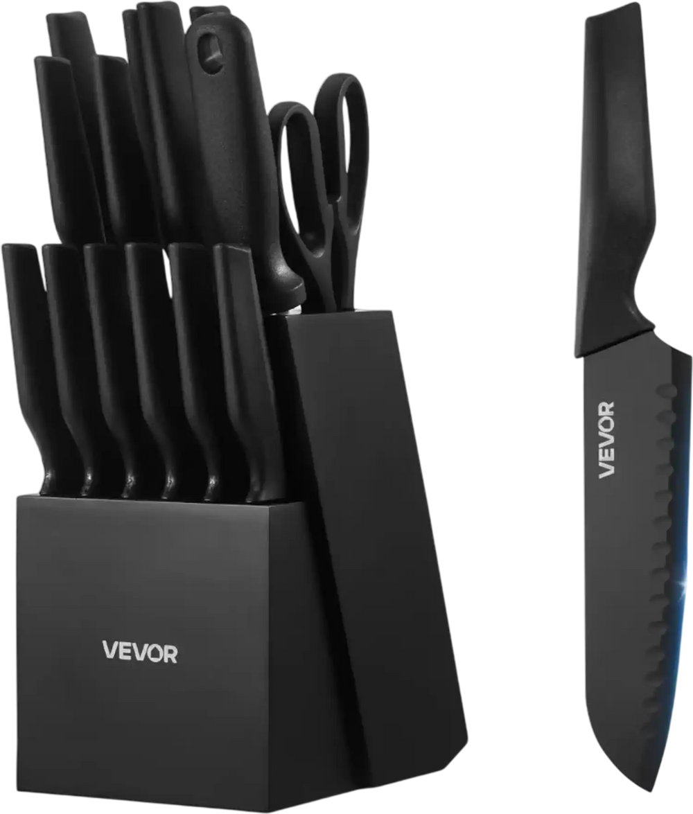 VEVOR Kitchen Knife Set with Block and Sharpener, 15 Piece German High Carbon Stainless Steel Knife Set, Kitchen Cutlery with PP Ergonomic Handle, Sharpening Rod and Wooden Block, for Home Cooks