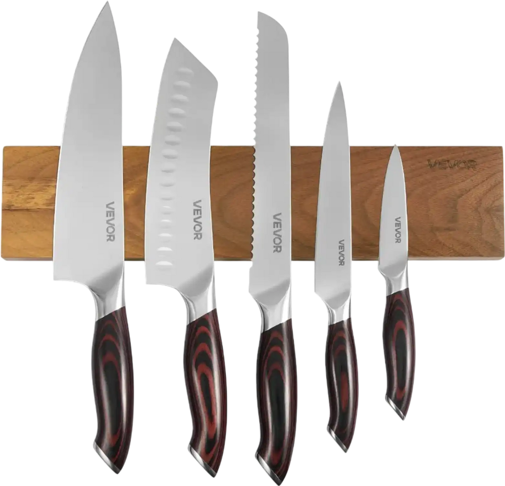 VEVOR Kitchen Knife Set, 6 Piece High Carbon Stainless Steel Sharp Knife Set, Professional Kitchen Cutlery with Ergonomic Crack-Resistant Handle, and Walnut Finish Powerful Magnetic Knives Holder