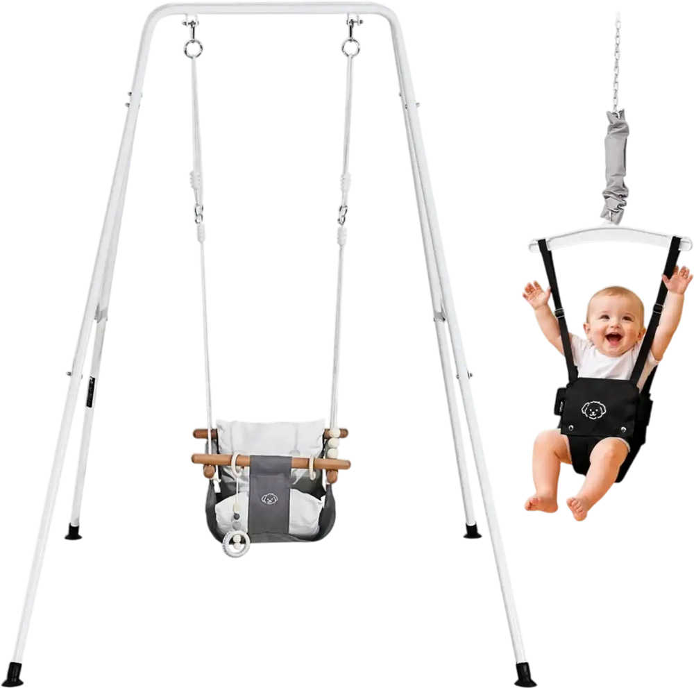VEVOR Toddler Swing and Jumper, 2 in 1 Swing Set and Bouncer, Soft Cushion with Foldable A-Frame Metal Stand, Heavy-Duty Thick Ropes, Easy to Install and Store, for Indoor or Outdoor Play, Black