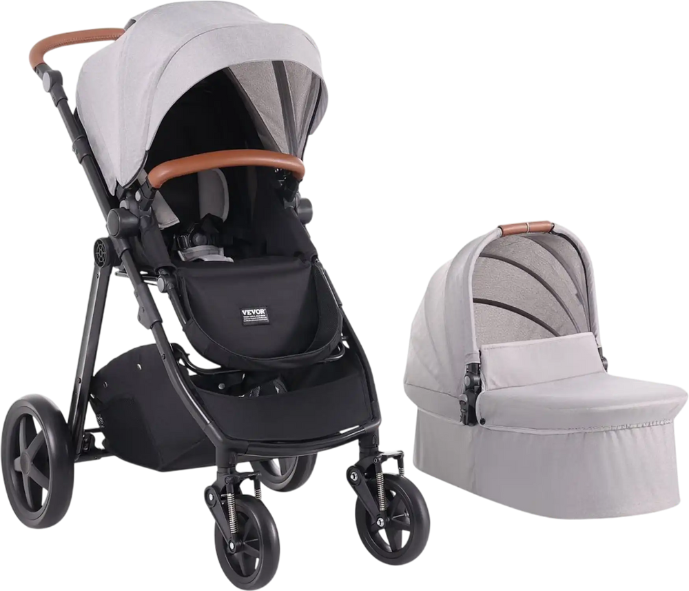 VEVOR Travel System Stroller with Infant Bassinet, 2-in-1 Baby Cradle Stroller Combo, Reversible Seat, Easy One-button Folding, EVA Tires with Brake Aluminum Stroller Carseat Combo Set (Light Gray)
