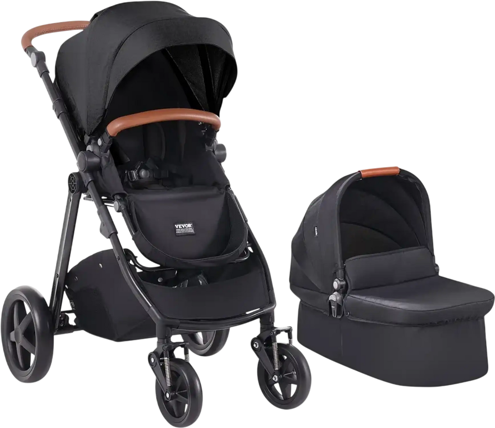VEVOR Travel System Stroller with Infant Bassinet, 2-in-1 Baby Cradle Stroller Combo, Reversible Seat, Easy One-button Folding, EVA Tires with Brake Aluminum Stroller Carseat Combo Set (Black)