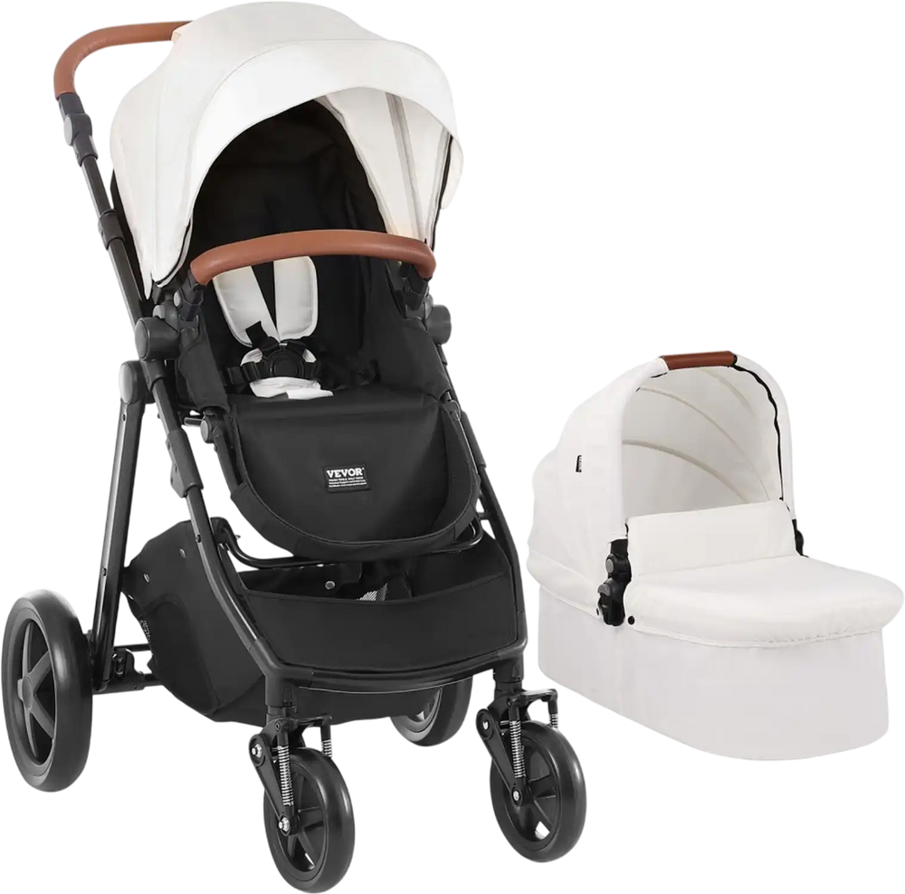 VEVOR Travel System Stroller with Infant Bassinet, 2-in-1 Baby Cradle Stroller Combo, Reversible Seat, Easy One-button Folding, EVA Tires with Brake Aluminum Stroller Carseat Combo Set (White)