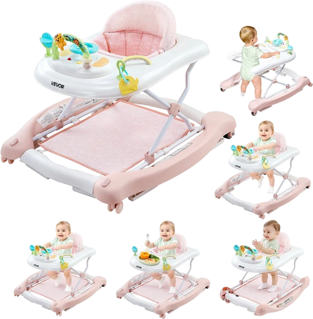 VEVOR 5-in-1 Baby Walker, Folding Baby Activity Center on Wheels, Height Adjustable Rocker Bouncer Walker with Comfortable High-Back Seat, Anti-Rollover Toddler Walking Helper for 6-24 Month Boy Girls