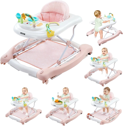 VEVOR 5-in-1 Baby Walker, Folding Baby Activity Center on Wheels, Height Adjustable Rocker Bouncer Walker with Comfortable High-Back Seat, Anti-Rollover Toddler Walking Helper for 6-24 Month Boy Girls