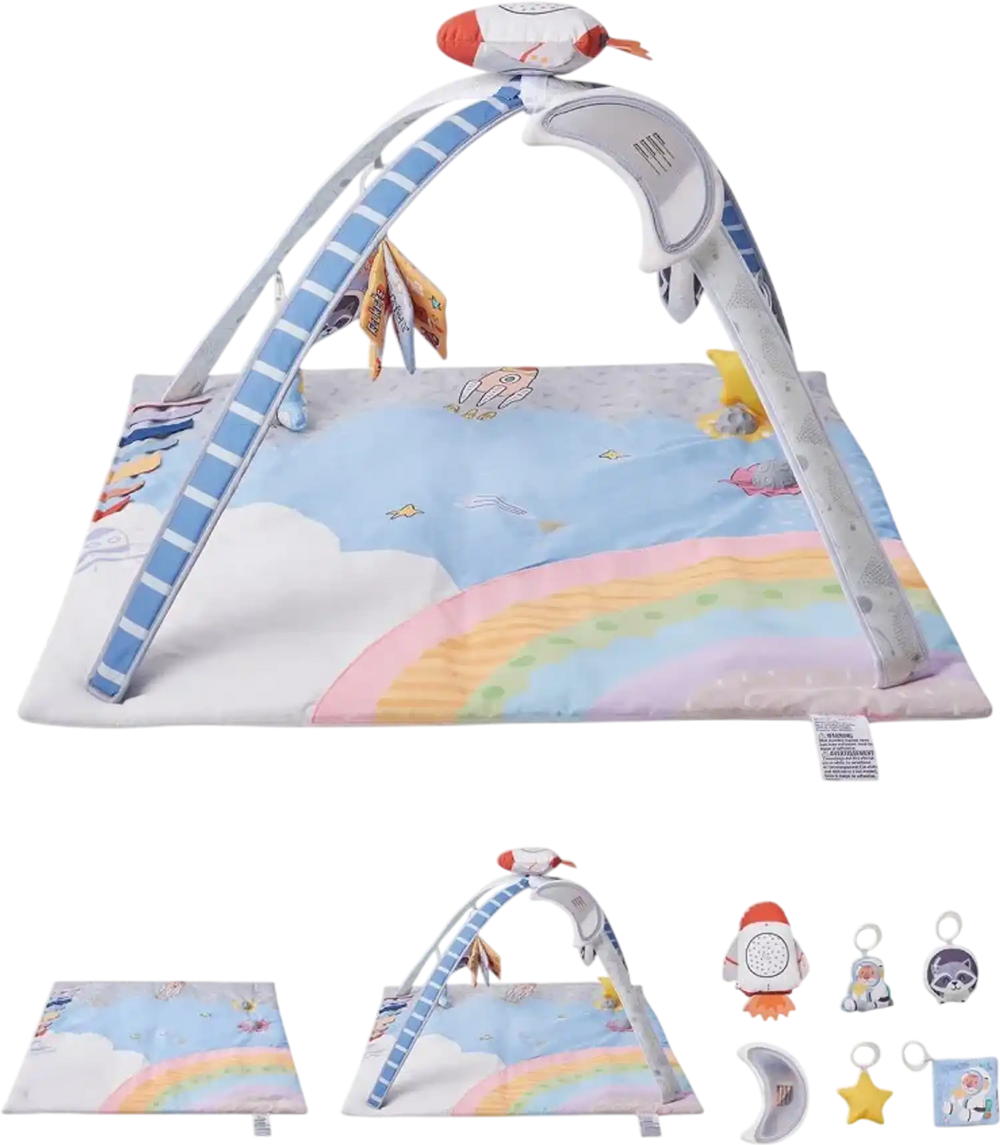 VEVOR Baby Play Gym Mat, Tummy Time Mat with 6 Sensory Toys, Baby Activity Mat with Light-up Musical Rocket Toy for 0-18 Month Newborn Infant, Baby Essential Gift for Sensory & Motor Skill Development