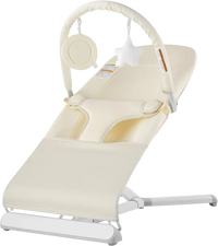 VEVOR Baby Bouncer, Folding Bouncer Seat for Babies 0-9 Months, Newborn Bouncer Chair with 2 Reclining Angles & Rotatable Toy Bar, Portable Infant Rocker with Carrying Bag for Indoors Outdoors, Beige