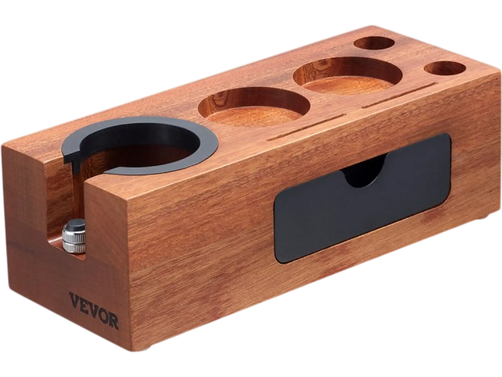 VEVOR Espresso Tamping Station, Sapele Wood, 8-in-1 Multifunctional Tamping Station with Detachable Slot, Easy to Clean Espresso Knock Box with Non-Slip Base, Fits for 51-58 mm Handles
