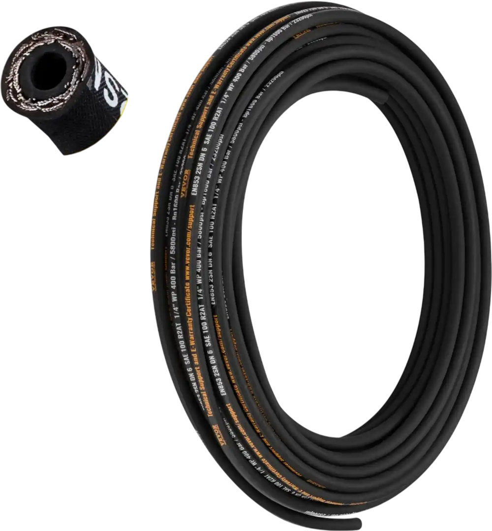 VEVOR Hydraulic Hose 1/4 inch x 100 ft, Coiled Hydraulic Hose 5800 PSI, Rubber Hydraulic Hose with 2 High-Tensile Steel Wire Braid, Bulk Hydraulic Hose -20℃ to 140℃, Hydraulic Oil Flexible Hose