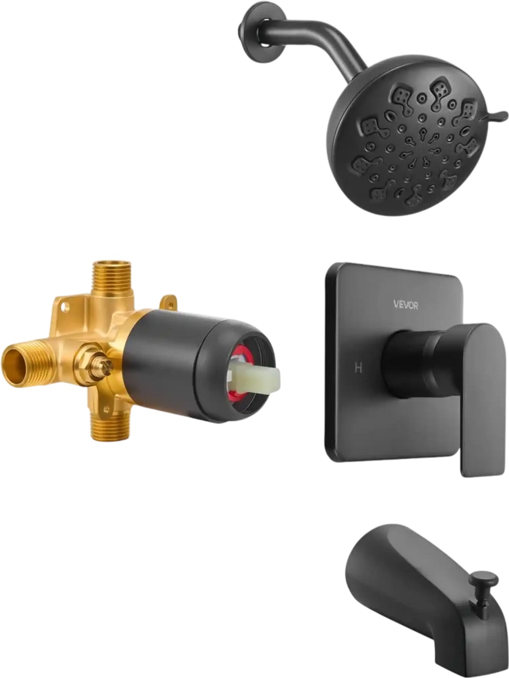 VEVOR Tub and Shower Faucet Set, 5-Inch Rainfall Shower Head and Bathtub Spout, Complete Single-Handle Tub Trim Kit with Brass Pressure Balancing Valve, 8-Setting Adjustable Spray Modes, Matte Black