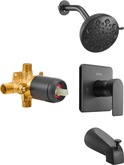 VEVOR Tub and Shower Faucet Set, 5-Inch Rainfall Shower Head and Bathtub Spout, Complete Single-Handle Tub Trim Kit with Brass Pressure Balancing Valve, 8-Setting Adjustable Spray Modes, Matte Black