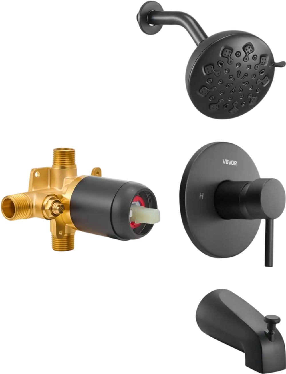 VEVOR Tub and Shower Faucet Set, Complete with 4.7-Inch Rainfall Shower Head and Bathtub Spout, 9-Setting Adjustable Spray, Single-Handle Tub Trim Kit with Brass Pressure Balancing Valve, Matte Black