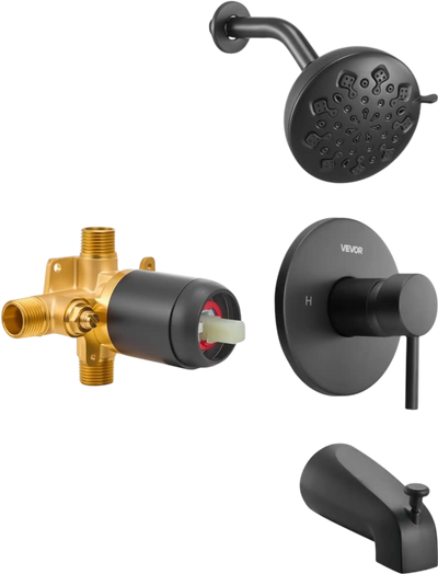 VEVOR Tub and Shower Faucet Set, Complete with 4.7-Inch Rainfall Shower Head and Bathtub Spout, 9-Setting Adjustable Spray, Single-Handle Tub Trim Kit with Brass Pressure Balancing Valve, Matte Black