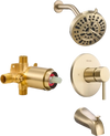 VEVOR Tub and Shower Faucet Set, Complete with 5-Inch Rainfall Shower Head and Bathtub Spout, 8-Setting Adjustable Spray, Single-Handle Tub Trim Kit with Brass Pressure Balancing Valve, Gold Finish