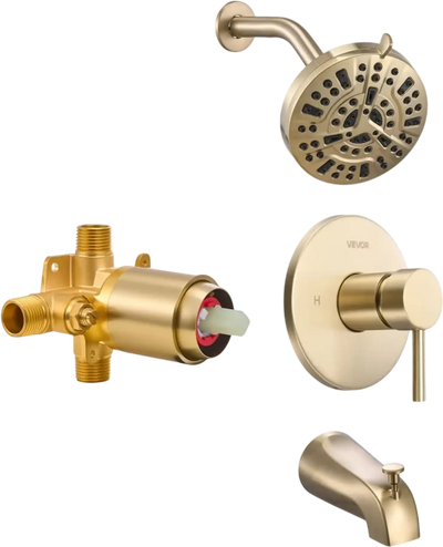 VEVOR Tub and Shower Faucet Set, Complete with 5-Inch Rainfall Shower Head and Bathtub Spout, 8-Setting Adjustable Spray, Single-Handle Tub Trim Kit with Brass Pressure Balancing Valve, Gold Finish