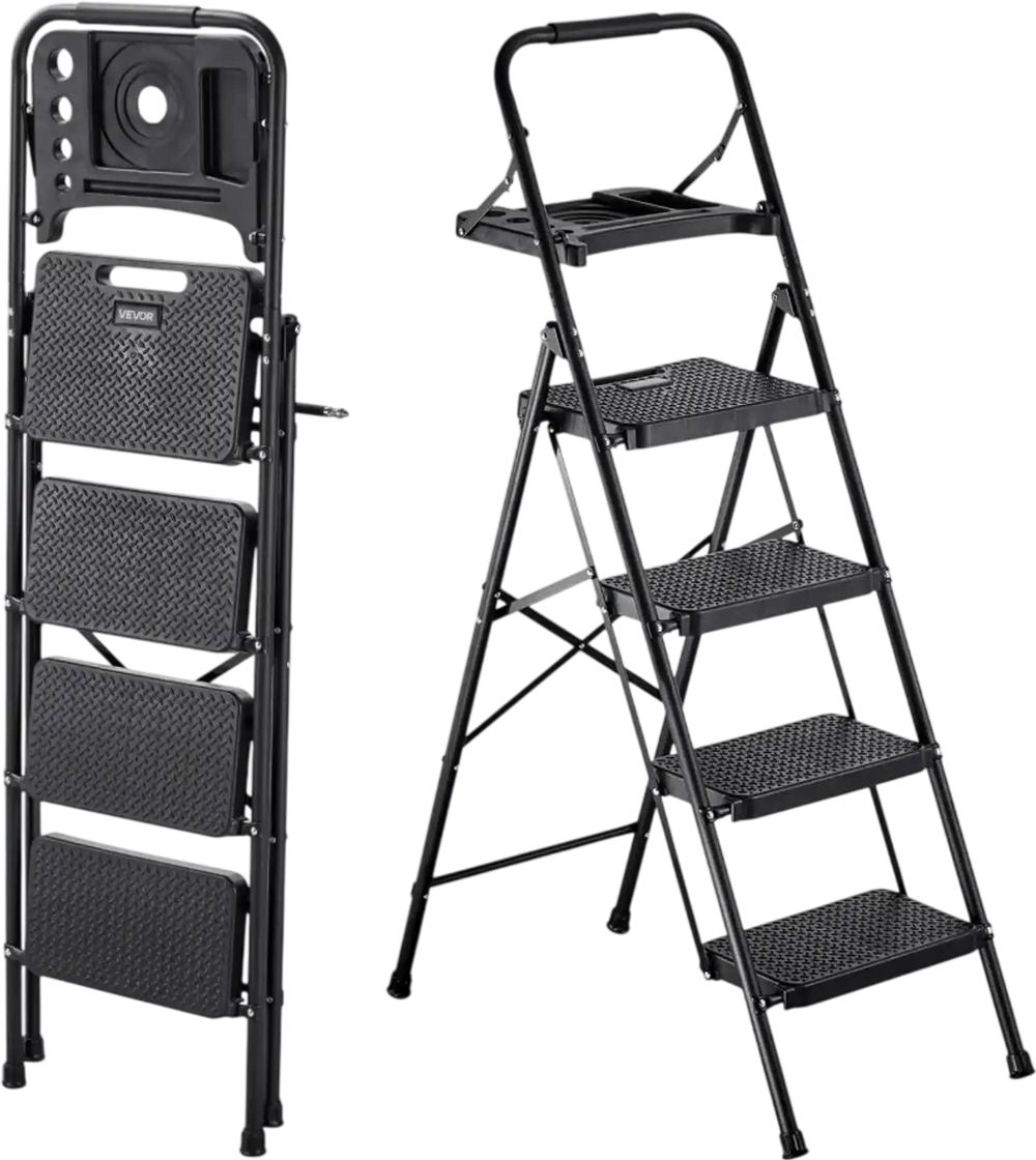 VEVOR 4 Step Ladder, Folding Step Stool with Wide Anti-Slip Pedal, Tool Tray, Comfort Handgrip, 600 lbs Capacity Portable Steel Ladder, Multi-Use for Kitchen, Home, Household and Office, Black
