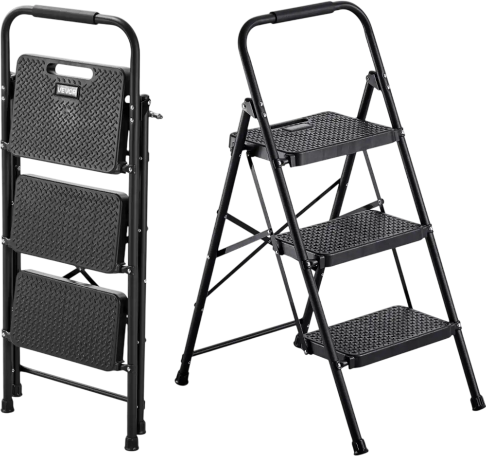 VEVOR 3 Step Ladder, Folding Step Stool with Wide Anti-Slip Pedal and Comfort Handgrip, Lightweight 600 lbs Capacity Portable Steel Ladder, Multi-Use for Kitchen, Home, Household and Office, Black