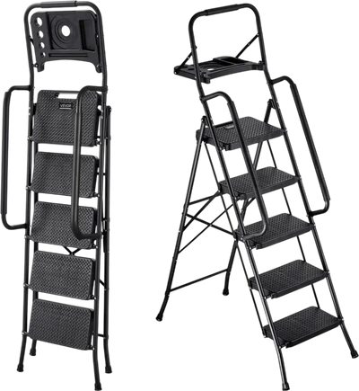 Vevor Step Ladder 5-Step Folding Step Stool with Tool Tray and Dual Handrails Black New