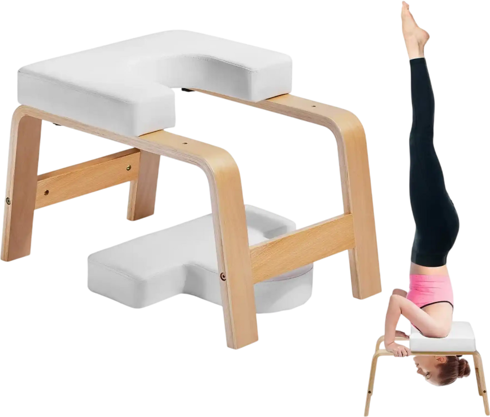 VEVOR Yoga Headstand Bench, 300 lbs Capacity Yoga Inversion Chair for Family Gym, Headstand Trainer with Wood Frame & PU Pad, Stand Yoga Stool for Strength Balance Training, Relieve Fatigue, White