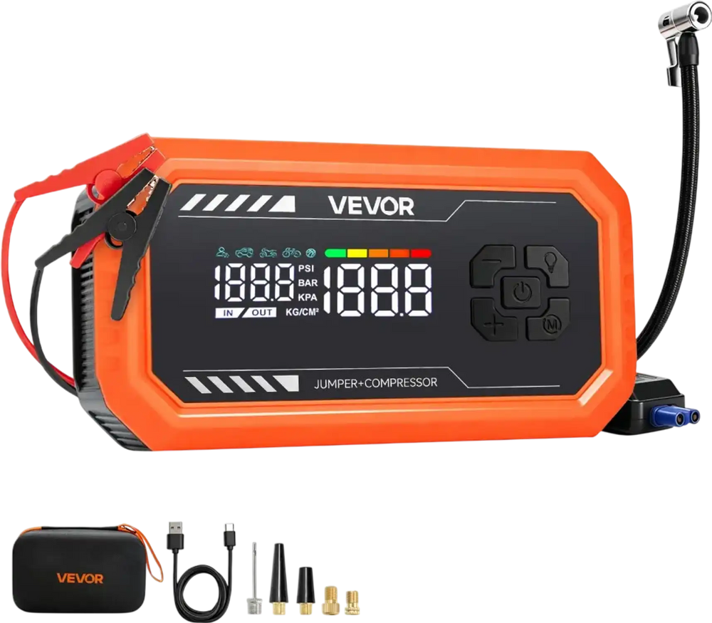 VEVOR Jump Starter with Air Compressor 3000A Peak Car Battery Jump Box, Portable for 9.0L Gas / 6.5L Diesel, 150 PSI Auto-Shutoff Tire Inflator, Power Bank, 12V Battery Charger, with LED Flashlight