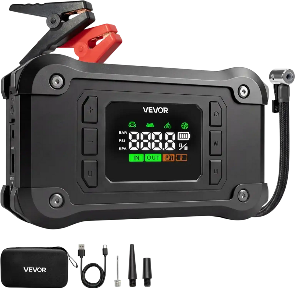 VEVOR Jump Starter with Air Compressor 8000A Peak Car Battery Jump Box, Portable for 9.0L Gas / 8.0L Diesel, 150 PSI Auto-Shutoff Tire Inflator, Power Bank, 12V Battery Charger, with LED Flashlight