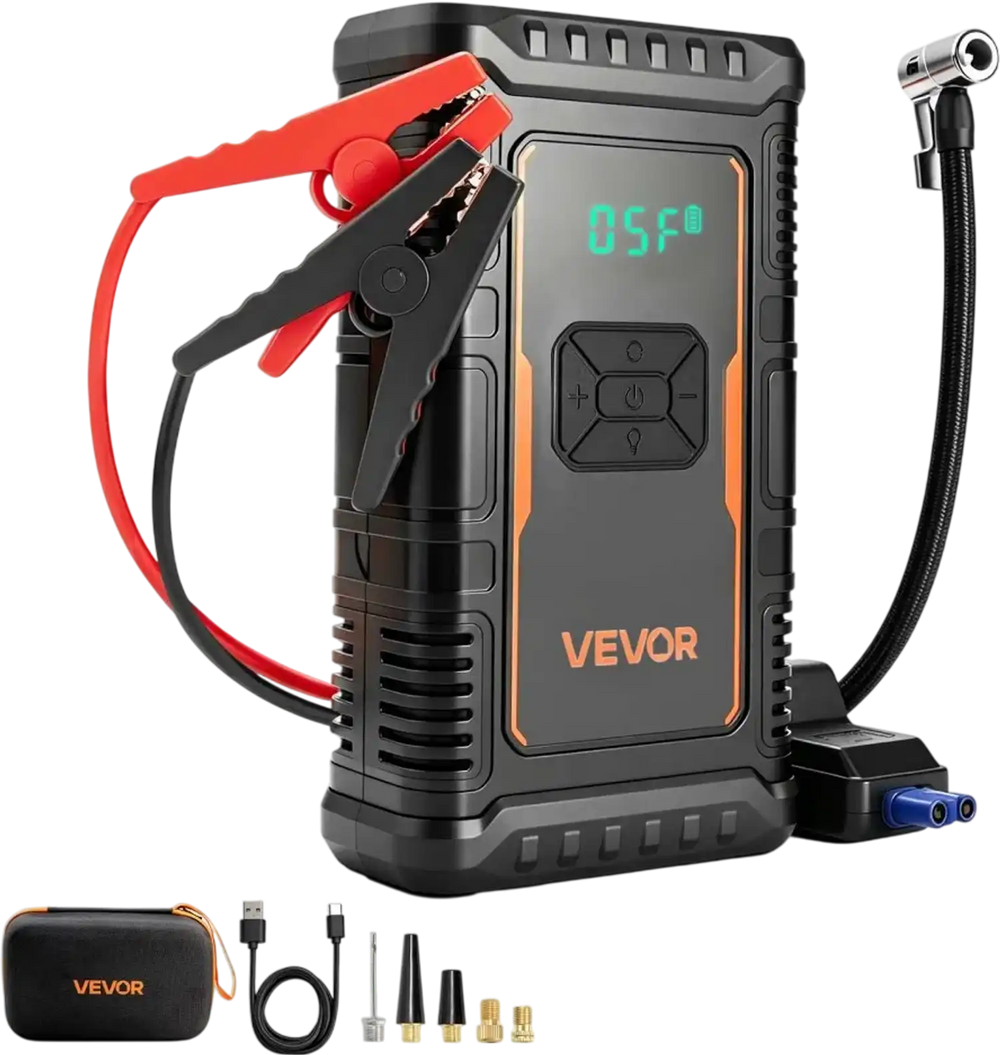 VEVOR Jump Starter with Air Compressor 1600A Peak Car Battery Jump Box, Portable for 6.0L Gas / 3.0L Diesel, 150 PSI Auto-Shutoff Tire Inflator, Power Bank, 12V Battery Charger, with LED Flashlight