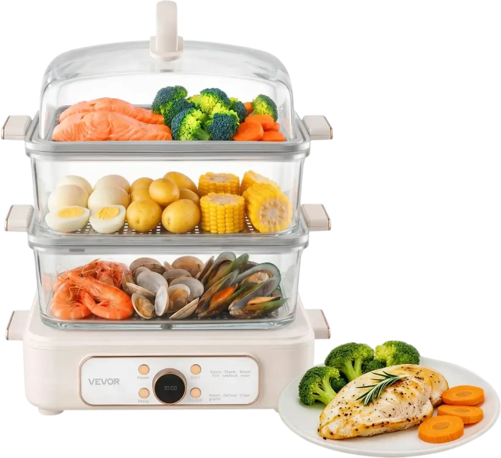 Vevor Electric Food Steamer 10.6 QT 3-Tier Glass Vegetable Steamer White New