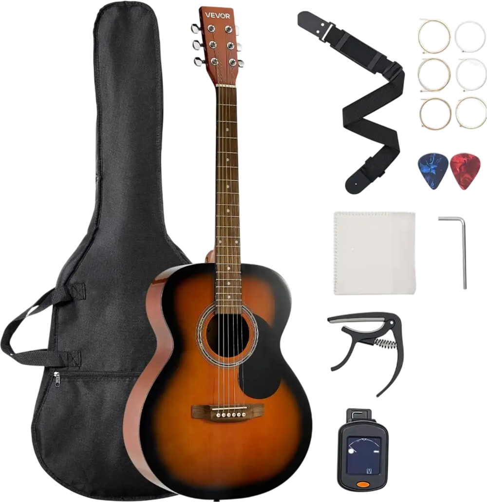 VEVOR Dreadnought Acoustic Guitar, 40 in, 6-String Sunburst Solid Top Guitar, Beginner Bundle with Gig Bag, Tuner, Strap, Steel Strings, Picks, Capo, Rosewood Fingerboard, for Adults, Skilled Players