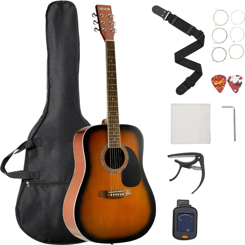 VEVOR Dreadnought Acoustic Guitar, 41 in, 6-String Sunburst Solid Spruce Top Guitar, Beginner Bundle with Gig Bag, Tuner, Strap, Strings, Picks, Capo, Rosewood Fingerboard, for Adult Taller Player