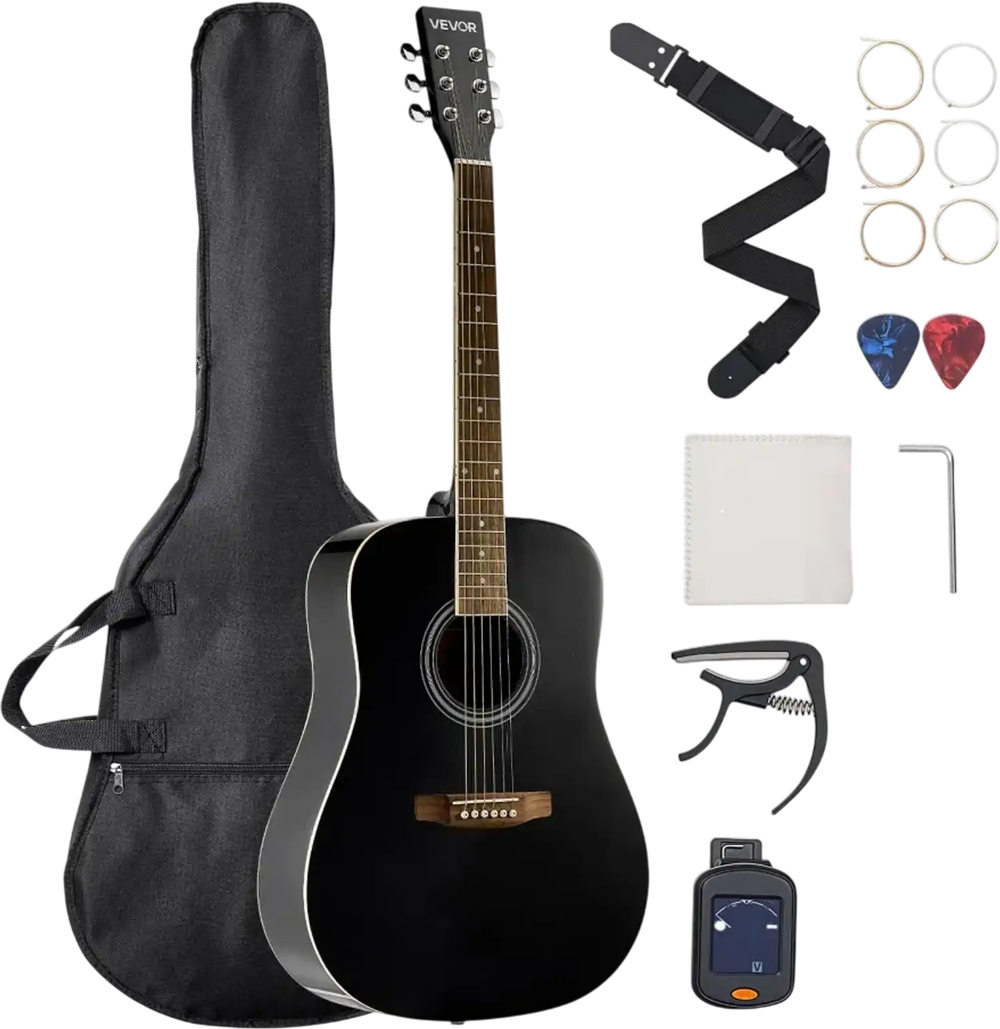 VEVOR Dreadnought Acoustic Guitar, 41 in, 6-String Black Solid Spruce Top Guitar, Beginner Bundle with Gig Bag, Tuner, Strap, Steel Strings, Picks, Capo, Rosewood Fingerboard, for Adult Taller Player