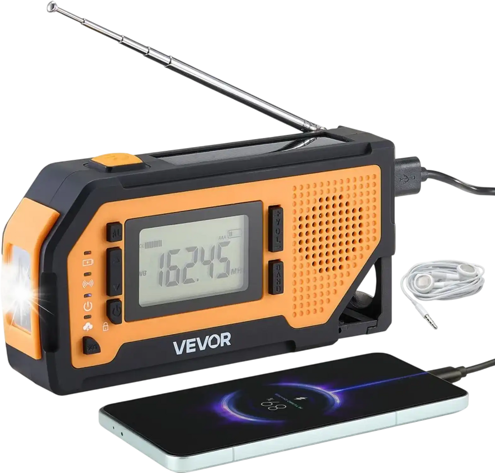 VEVOR Emergency Weather Radio, 2000mAh Battery, FM/AM/WB/NOAA Alert Solar Hand Crank Emergency Radio, with USB Charging Cable, SOS Alarm and Flashlight, Portable for Outdoor Emergencies, Camping