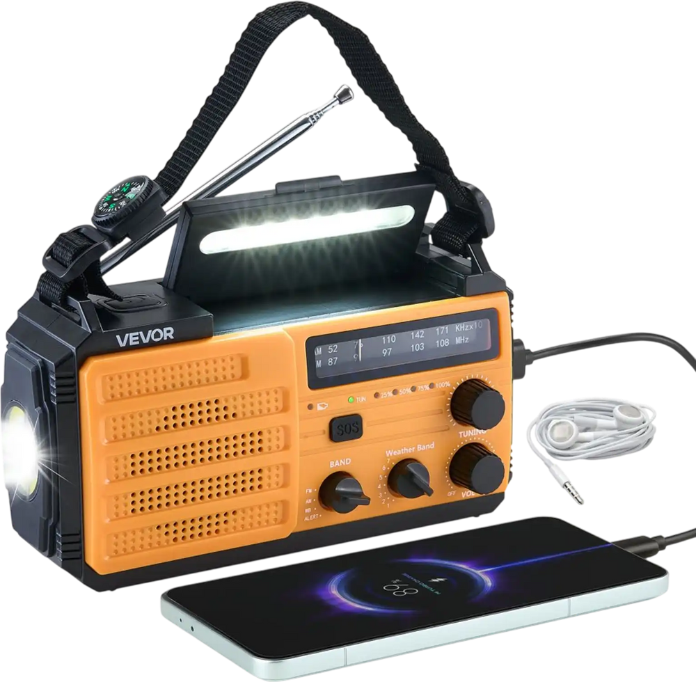 VEVOR Emergency Weather Radio, 8000mAh Battery, FM/AM/WB/NOAA Alert Solar Hand Crank Emergency Radio, Type-C Charging, USB Cable, SOS Alarm and Flashlight, Portable for Outdoor Emergencies, Camping
