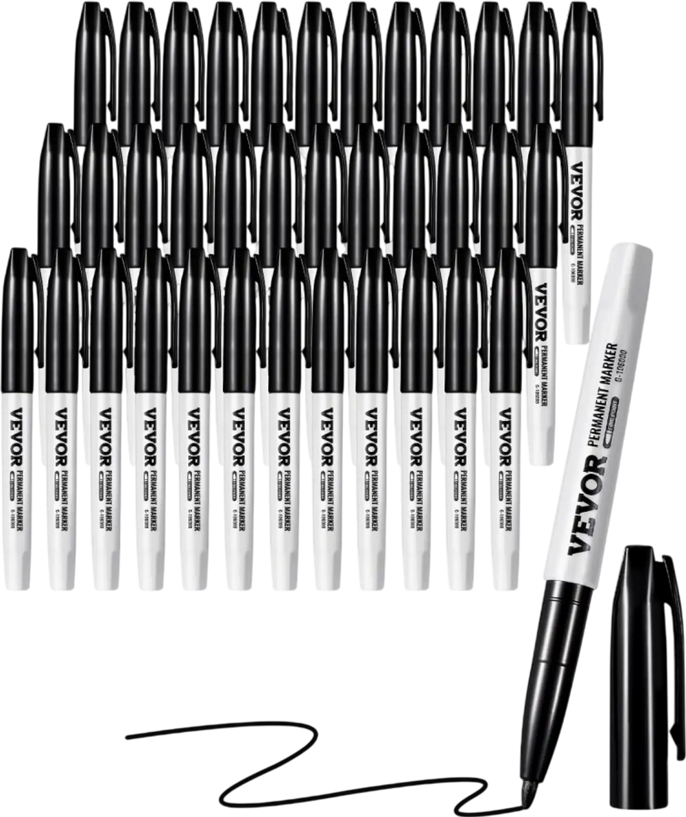VEVOR Permanent Markers, 36 Pack Black Permanent Marker Set, Quick Drying & Fade Resistant, Fine Point Markers for Plastic, Paper, Metal, and More