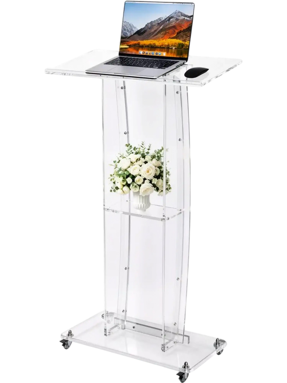 VEVOR Podium Stand 47 inch Acrylic Lectern Mobile Laptop Desk Storage Shelf, for Schools, Churches and Events, Clear Portable Presentation Lectern Stand with Storage Shelf, Book Stop, Spacious Surface