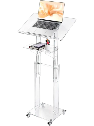 Vevor Podium Stand Adjustable Height Acrylic Lectern with Wheels and Storage Shelf New