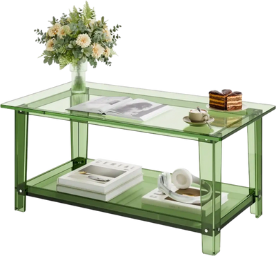 VEVOR Acrylic Coffee Table, 2 Tiers Center Table with Storage Shelf, Modern Rectangle Acrylic Coffee Desk, Ideal for Dining Room, Kitchen Island, Restaurant, Office, 19.7 x 31.5 x 15.7 in (Green)