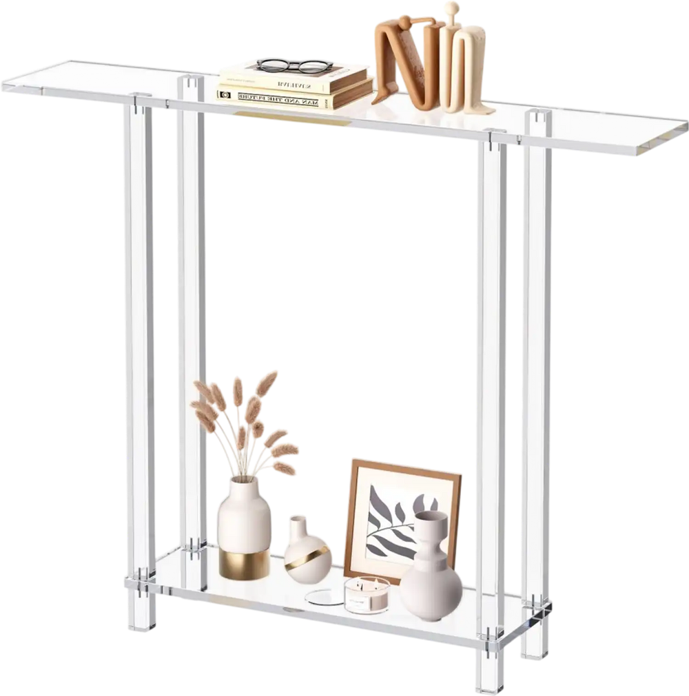 VEVOR Acrylic Console Table, 2 Tiers Narrow Side Desk with Bottom Open Storage, Modern Rectangle Acrylic End Table, Transparent Entry Desk for Foyer, Hallway, Living Room, 7.6 x 39.4 x 31.5 in (Clear)