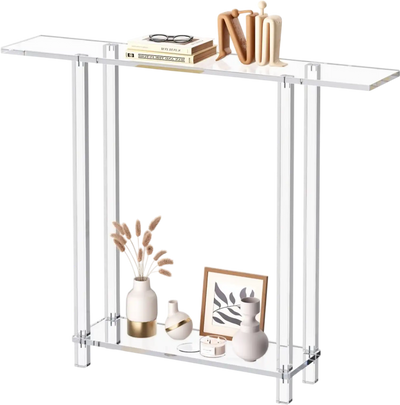 VEVOR Acrylic Console Table, 2 Tiers Narrow Side Desk with Bottom Open Storage, Modern Rectangle Acrylic End Table, Transparent Entry Desk for Foyer, Hallway, Living Room, 7.6 x 39.4 x 31.5 in (Clear)