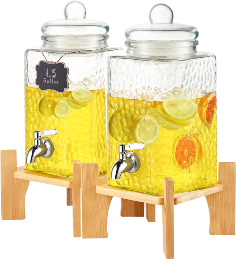 VEVOR Beverage Dispenser, 1.5 Gallon Drink Dispensers for Parties,2PC,Glass Juice Dispenser with Stand, Stainless Steel Spigot, Iced Tea Lemonade Juice Water Dispenser, for Restaurants, Hotels, Partie